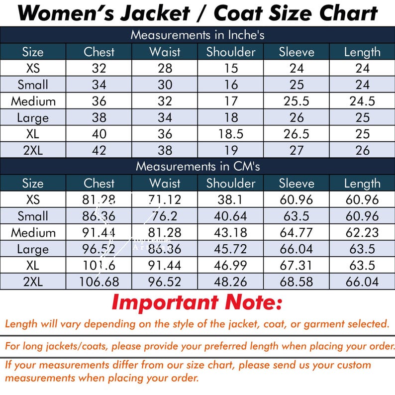 Puede incluir: Una tabla de tallas para chaquetas y abrigos con dos tablas que muestran medidas en pulgadas y cent&iacute;metros para tallas de XS a 2XL. La tabla incluye columnas para pecho, cintura, hombro, manga y largo. El texto al pie indica: Important Note: Length will vary depending on the style of the jacket, coat, or garment selected. For long jackets/coats, please provide your preferred length when placing your order. If your measurements differ from our size chart, please send us your custom measurements when placing your order.