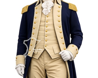Uniforme de George Washington de la Guerra de Independencia / Traje de oficial del Ejército Continental del siglo XVIII / Conjunto de abrigo militar colonial hecho a mano