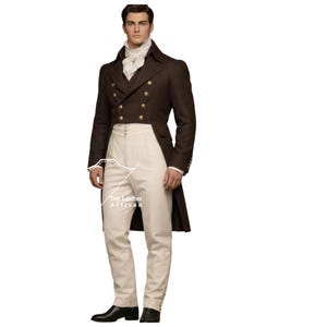 May include: A dark brown double-breasted tailcoat with gold buttons, paired with high-waisted cream trousers, a white collared shirt, and a white cravat. The text Top Leather Artisan is visible on the trousers. Black shoes complete the outfit.