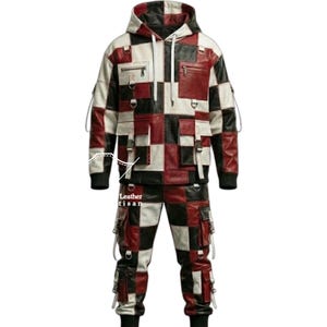May include: A patchwork leather hoodie and matching pants set. The jacket and pants are a mix of red, black, and white squares. The jacket has a hood, pockets, and zippers. The pants have pockets and straps. The text "Leather tisan" is visible.