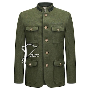 May include: An olive green wool jacket with a mandarin collar, four front pockets, and decorative buttons. The jacket has a tailored fit and features the text "Top Leather Artisan".