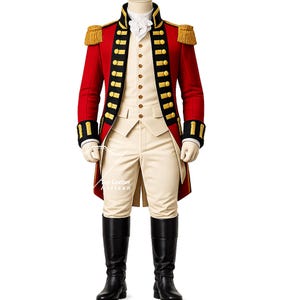 Puede incluir: Una casaca roja de estilo militar con solapas negras, bordados dorados y charreteras doradas, sobre un chaleco color crema y calzones a juego. Incluye una corbata blanca al cuello y botas negras hasta la rodilla. El texto Top Leather Artisan es visible.