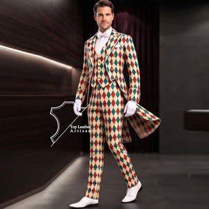 May include: A tailcoat suit featuring a diamond pattern in red, green, and cream. The set includes a long-tailed jacket, a buttoned vest, and matching trousers. The ensemble is paired with a white shirt, a white bow tie, white gloves, and white shoes. Text reads Top Leather Artisan.