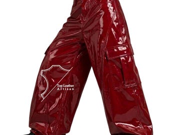 Unisex Shiny Cargo Pants, Wide Leg Patent Trousers, Y2K Style Trip Pants,Vinyl Streetwear, Alternative Fashion, Techwear Inspired Bottoms