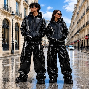 Högglansig svart vinyl unisex cargo hoodie set | Streetwear patent Techwear set | Edgy & vattentät Rave Festival outfit