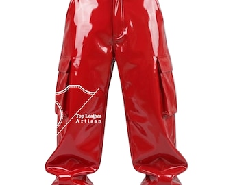 Custom Unisex Shiny Red Patent Leather PVC Cargo Pants, Oversized Baggy Fit Streetwear, High Gloss Vinyl Trousers, Gothic Punk Style,