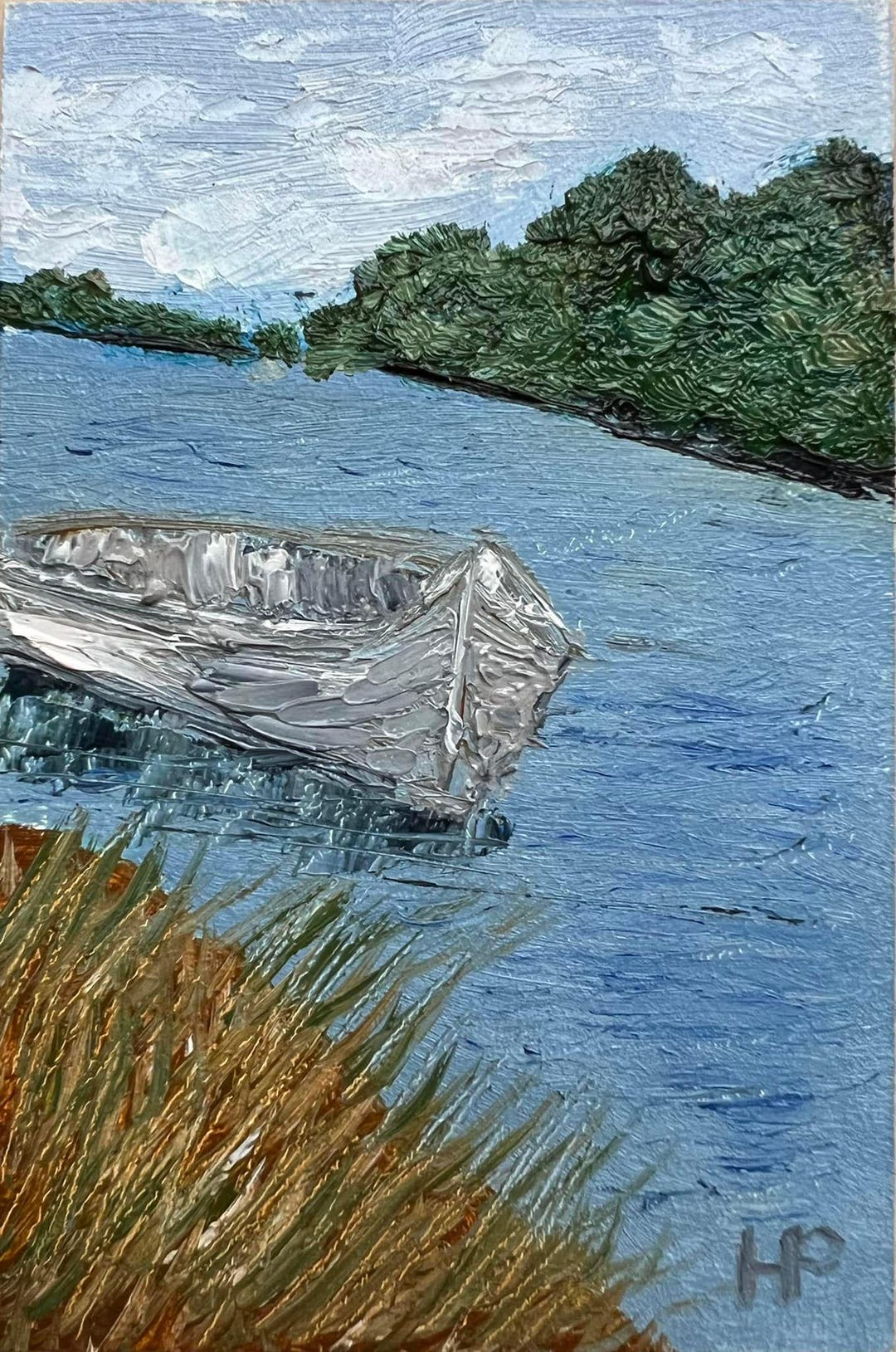 お父さんへのギフト ボート 川の風景 水 風景 平和な自然画 印象派 