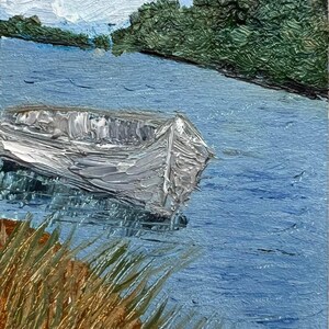 Regalo para papá: Barco, río, escena, agua, paisaje, naturaleza pacífica, pintura al óleo impresionista, obra de arte original, pequeño cartón, arte de pared, regalo