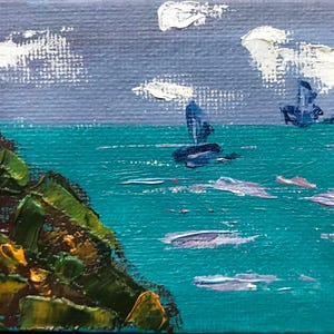 Pintura a óleo de paisagem marinha texturizada, arte em impasto de rocha oceânica, decoração de parede costeira pequena, presente perfeito, arte pequena, paisagem marinha em miniatura, arte de veleiros