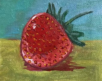May include: A red strawberry with a green stem and leaves, painted on a canvas with a light blue and green background.
