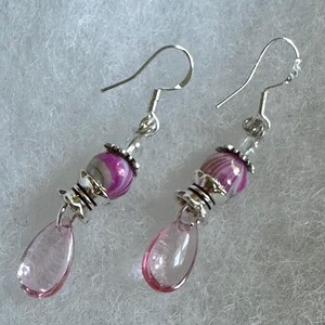 Pink & Silver Dangle Earrings with Pink Accents, Gradient Glass Beads, Antique Silver Bead Caps and a Gorgeous Glass Teardrop