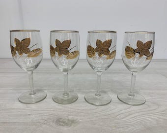 Conjunto de 4 taças de vinho vintage Libbey com detalhes em folha de ouro, estilo meados do século (MCM)
