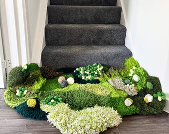 モスフォレストタフテッドラグ – 大型ハンドメイドテクスチャアートラグ – 玄関、寝室、スタジオに最適な、気まぐれな植物装飾