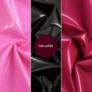 May include: A triptych of glossy latex fabric in pink, black, and magenta. The pink fabric is tightly swirled, while the black and magenta fabrics are folded. A burgundy circle in the center displays the text "TOX LATEX".