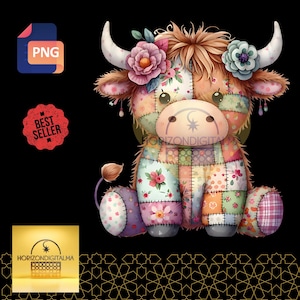 Vaca de las Tierras Altas con patchwork PNG: Clipart floral acolchado (Descarga digital)