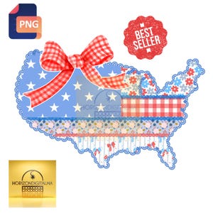 Adrette Landkarte USA Sublimationsdesign mit Ginghamschleife und 4.Juli Blumenelementen für das amerikanische Weihnachtshandwerk