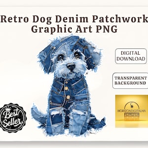 Cachorro retrô jeans patchwork PNG – Download digital – Clipart de cachorro jeans azul rústico – Fundo transparente