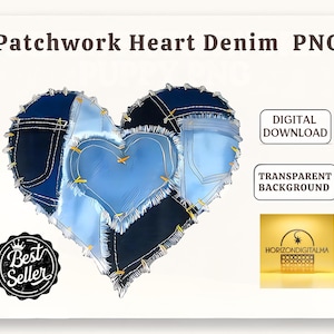 Patchwork Heart Denim PNG – Digital Download – Transparent Background – Rustic Blue Jean Heart Clipart