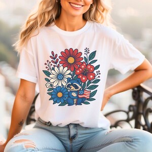 Chemise florale 4 juillet de raton laveur, t-shirt animal patriotique, chemise de raton laveur 4 juillet, chemise de raton laveur rouge blanc bleu, chemise 4 juillet