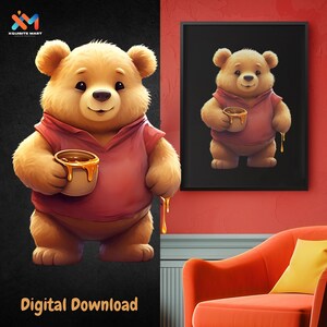 Lindo oso de miel PNG / Sublimación de osito de peluche kawaii / Adorable oso de dibujos animados Clipart / Descarga digital de tarro de miel / Diseño imprimible para tazas