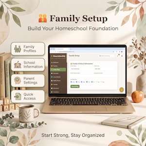 May include: A laptop displaying a Family Setup screen for HomeSchoolHQ software. The screen shows fields for school name, year, and teaching days. Beside the laptop are books, a mug, a notebook with a pen, and an apple, all on a desk.