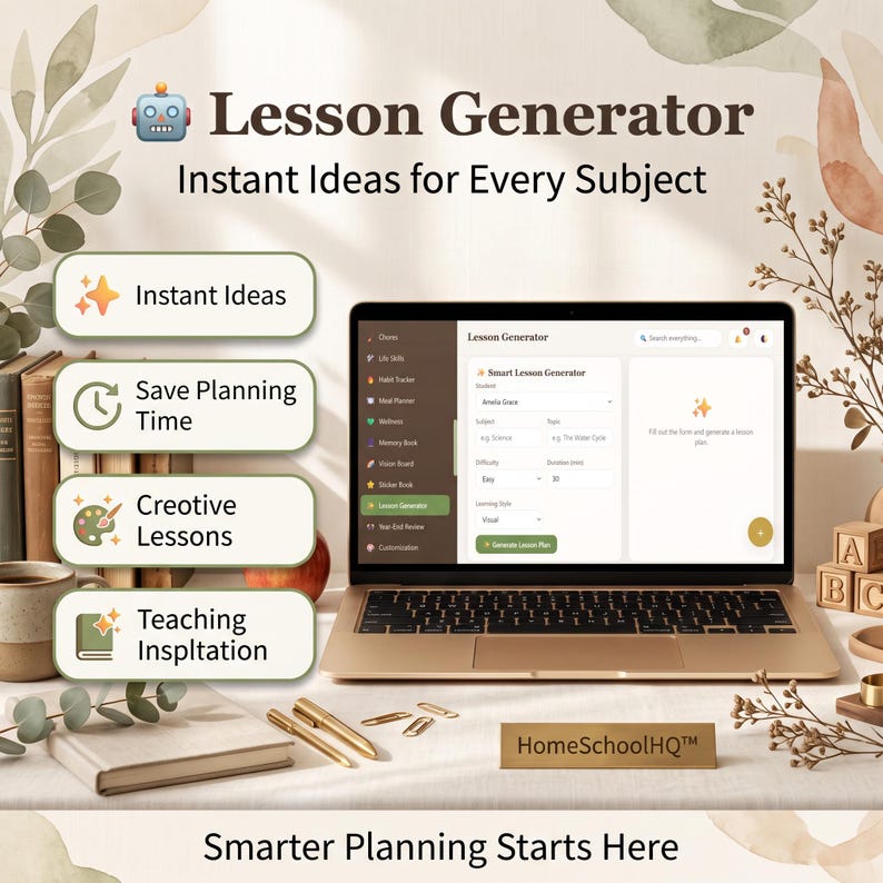 May include: A laptop displaying a Lesson Generator interface with fields for student, subject, topic, difficulty, and learning style. The screen shows the text Lesson Generator and Smarter Planning Starts Here. Four rectangular buttons list Instant Ideas, Save Planning Time, Creative Lessons, and Teaching Inspiration.