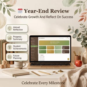 May include: A laptop displaying a Year-End Review dashboard with data metrics, surrounded by a notebook, a mug, wooden blocks, a red apple, and a pen. The text reads Year-End Review, Celebrate Growth And Reflect On Success, and Celebrate Every Milestone.