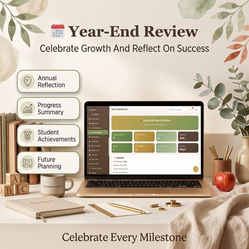 May include: A laptop displaying a Year-End Review dashboard with data metrics, surrounded by a notebook, a mug, wooden blocks, a red apple, and a pen. The text reads Year-End Review, Celebrate Growth And Reflect On Success, and Celebrate Every Milestone.