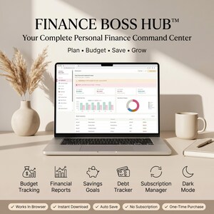 May include: A laptop displaying the Finance Boss Hub personal finance dashboard with charts and transaction lists. Text includes Finance Boss Hub, Your Complete Personal Finance Command Center, Plan, Budget, Save, Grow, and feature icons.