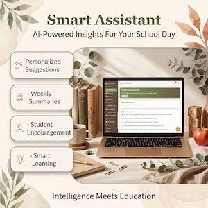 May include: A laptop displaying a Smart Assistant interface with AI-Powered Insights For Your School Day. The screen shows sections for Today's Encouragement, Weekly Summary, and Smart Suggestions. Text includes Intelligence Meets Education.