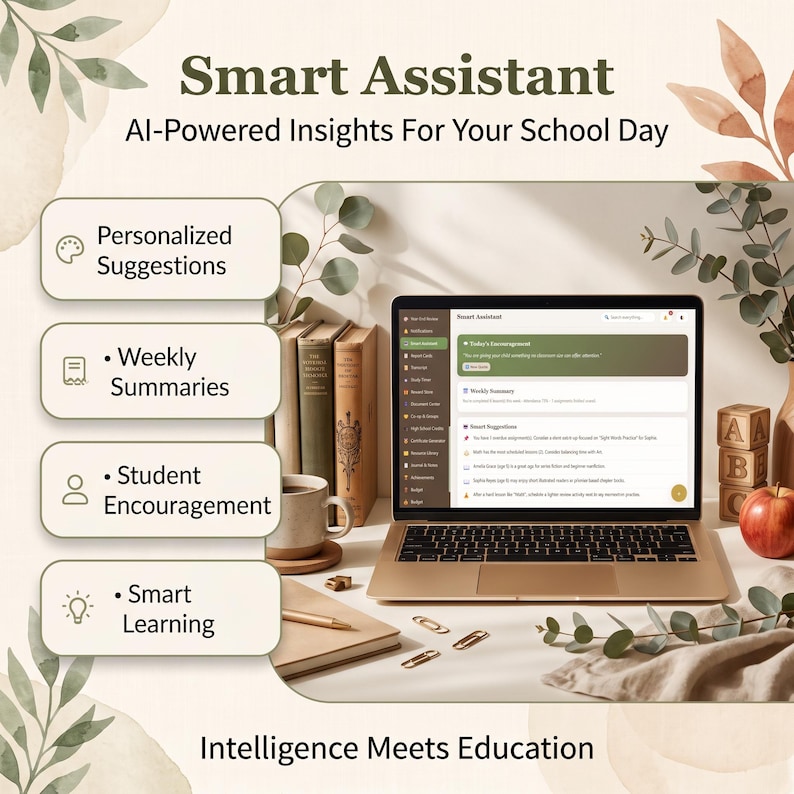 May include: A laptop displaying a Smart Assistant interface with AI-Powered Insights For Your School Day. The screen shows sections for Today's Encouragement, Weekly Summary, and Smart Suggestions. Text includes Intelligence Meets Education.