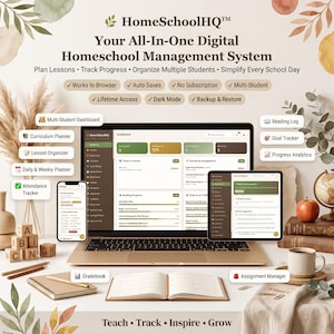 May include: HomeSchoolHQ digital management system displayed on a laptop, tablet, and smartphone. Features include a multi-student dashboard, curriculum planner, lesson organizer, attendance tracker, gradebook, and assignment manager for homeschool.