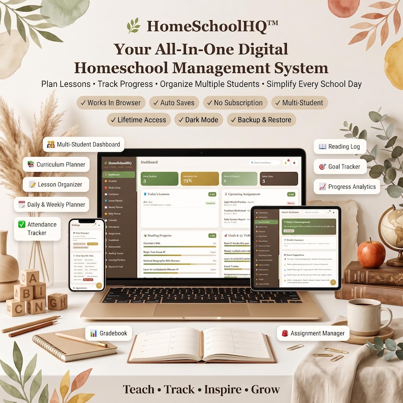 May include: HomeSchoolHQ digital management system displayed on a laptop, tablet, and smartphone. Features include a multi-student dashboard, curriculum planner, lesson organizer, attendance tracker, gradebook, and assignment manager for homeschool.