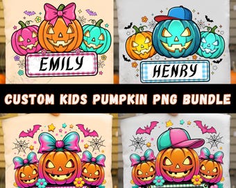 Gepersonaliseerde kinderpompoen png, schattig spookhalloweenontwerp, jongensmeisje pompoen geruit png, herfstsublimatie, digitale download