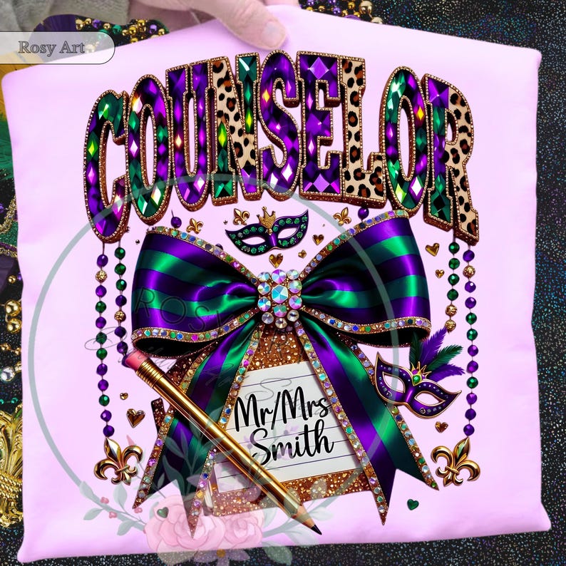 May include: A light pink t-shirt with the word "COUNSELOR" in a jeweled design. A large purple and green bow with a jeweled center is below the word. The shirt also features a pencil and the text "Mr/Mrs Smith".