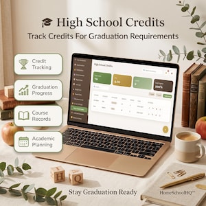 May include: A laptop displaying a High School Credits dashboard for tracking graduation requirements. The screen shows data fields for credits, GPA, and progress. Beside the laptop are four labeled icons for credit tracking, graduation progress, course records, and academic planning, with the text HomeSchoolHQ at the bottom.