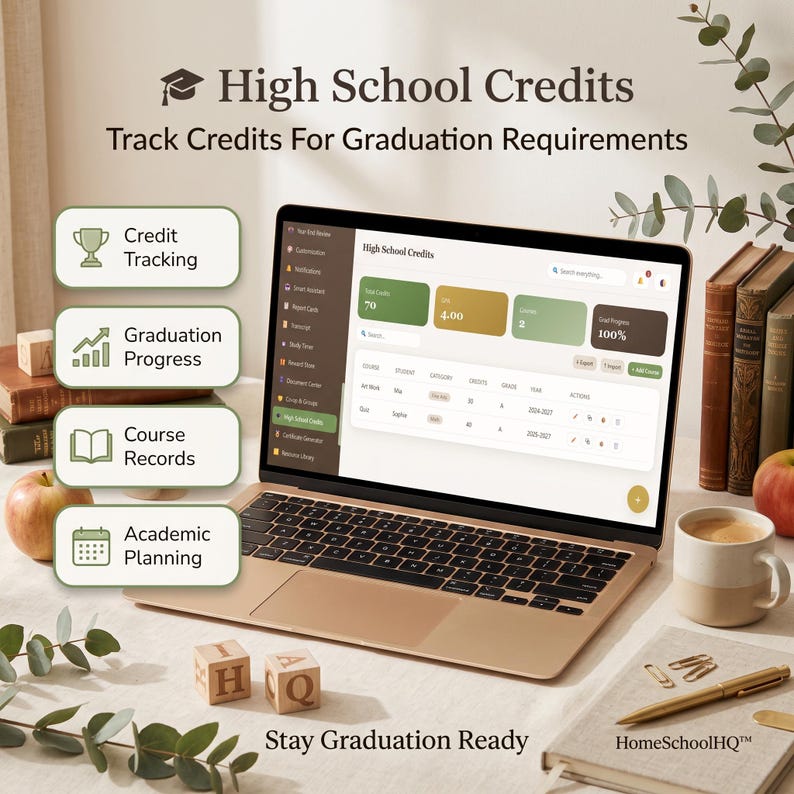 May include: A laptop displaying a High School Credits dashboard for tracking graduation requirements. The screen shows data fields for credits, GPA, and progress. Beside the laptop are four labeled icons for credit tracking, graduation progress, course records, and academic planning, with the text HomeSchoolHQ at the bottom.