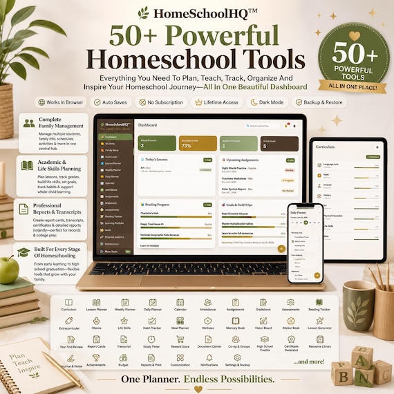 Homeschool Planner Browser App, Digital Homeschool Organizer, Multiple Children Lesson Planner, Attendance, Assignment Reading & Grade Track