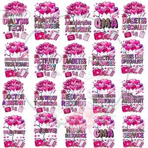 May include: A collage of pink and purple medical-themed designs. Each design features a cluster of heart-shaped balloons, a stethoscope, and text indicating various healthcare professions such as "Dialysis Tech" and "Diabetes Specialist."