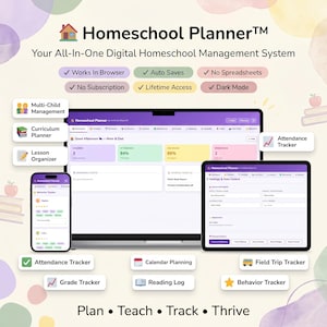 May include: A digital Homeschool Planner management system displayed on a laptop, tablet, and smartphone. The interface features purple headers, white backgrounds, and colourful data cards for attendance, grades, and behaviour tracking.