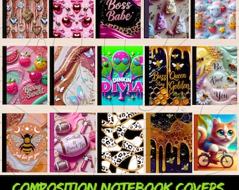 15 portadas para cuadernos de composición, diseños imprimibles personalizables para cuadernos de regreso a clases, lindas portadas de libros Coquette, descarga digital