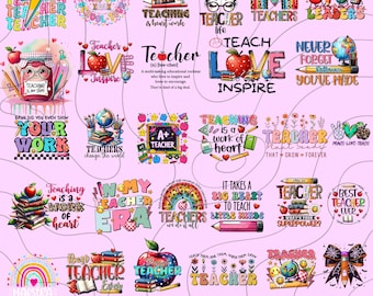Puede incluir: Una colección de diseños PNG de sublimación coloridos con temática de profesores. Los diseños incluyen manzanas, lápices, libros, arcoíris y citas inspiradoras. El texto "Teacher Sublimation PNG Bundle" está en la parte inferior.