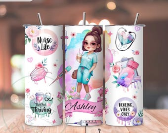 Nurse Tumbler Wrap PNG, 20oz Skinny Sublimation Design for Nurse, Personalized Nursing Student Gift, Custom Pink Medical Cup Printable