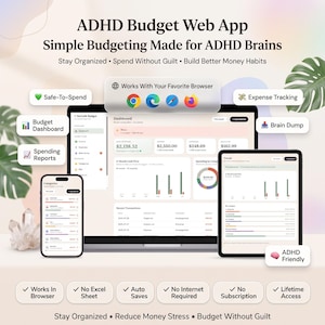 May include: A digital interface for an ADHD Budget Web App displayed on a laptop, tablet, and smartphone. The screens show financial dashboards, expense tracking, and spending reports with text labels including Safe-To-Spend and Brain Dump.