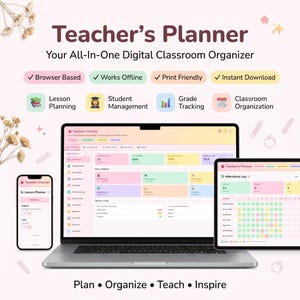 May include: A digital teacher's planner displayed on a laptop, tablet, and smartphone. The interface features sections for lesson planning, student management, grade tracking, and classroom organisation with pastel-coloured navigation buttons.
