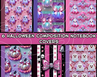 Halloween Composition Book Covers Bundle | 6 Printable Notebook Covers | Back to School Cute Spooky Girl Journal Cover PNG