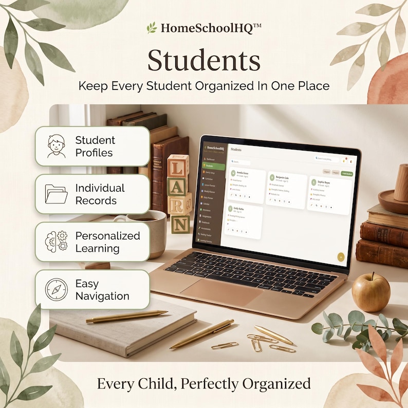 May include: A laptop displaying the HomeSchoolHQ Students interface with four feature boxes: Student Profiles, Individual Records, Personalized Learning, and Easy Navigation. The screen shows student cards, while the desk holds a notebook, pens, paperclips, books, and an apple.