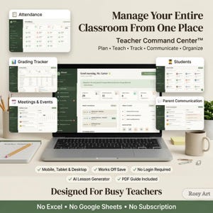 May include: A digital Teacher Command Center dashboard displayed on a laptop screen, featuring modules for attendance, grading, students, meetings, and parent communication. The interface uses a dark green and cream color scheme with text.