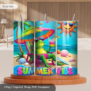 以下が含まれることがあります： 鮮やかな夏のテーマのステンレススチールタンブラー3個セット。各タンブラーには、サングラスをかけた漫画のカエル、カラフルな傘、そして「SUMMER VIBE」の文字が描かれたビーチのシーンが描かれています。デザインには太陽、貝殻、ヤシの木が含まれています。