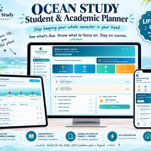 May include: A digital student and academic planner dashboard titled Ocean Study displayed on a computer monitor, tablet, and smartphone. The interface features task lists, assignment deadlines, and study goals with a blue and white color scheme.